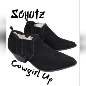 Schutz Jacqueline Black Suede Pointed Toe Low Western Pull On Ankle Boot Sz 8B